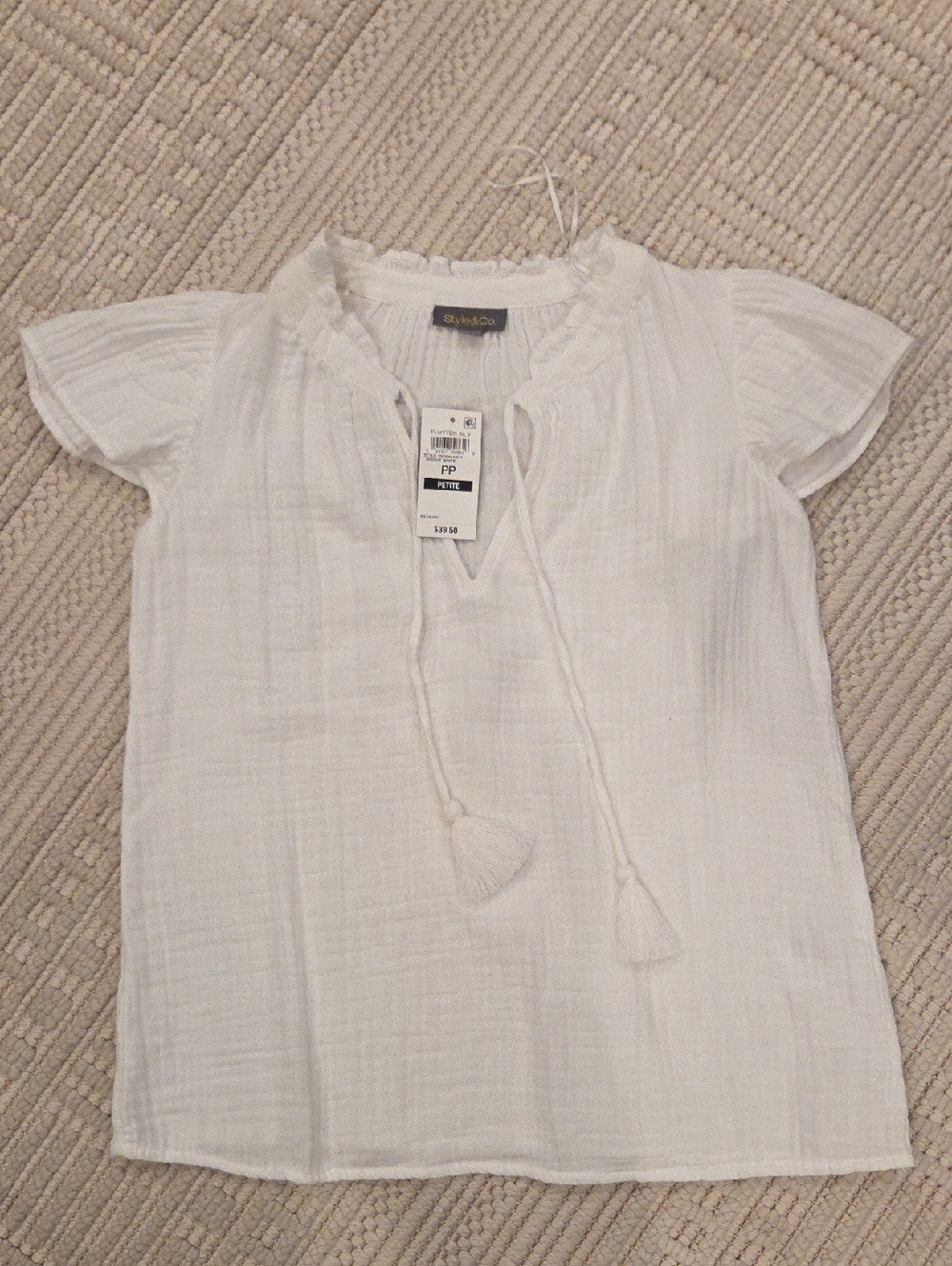 Style & Co White Tassel Flutter-Sleeve Blouse